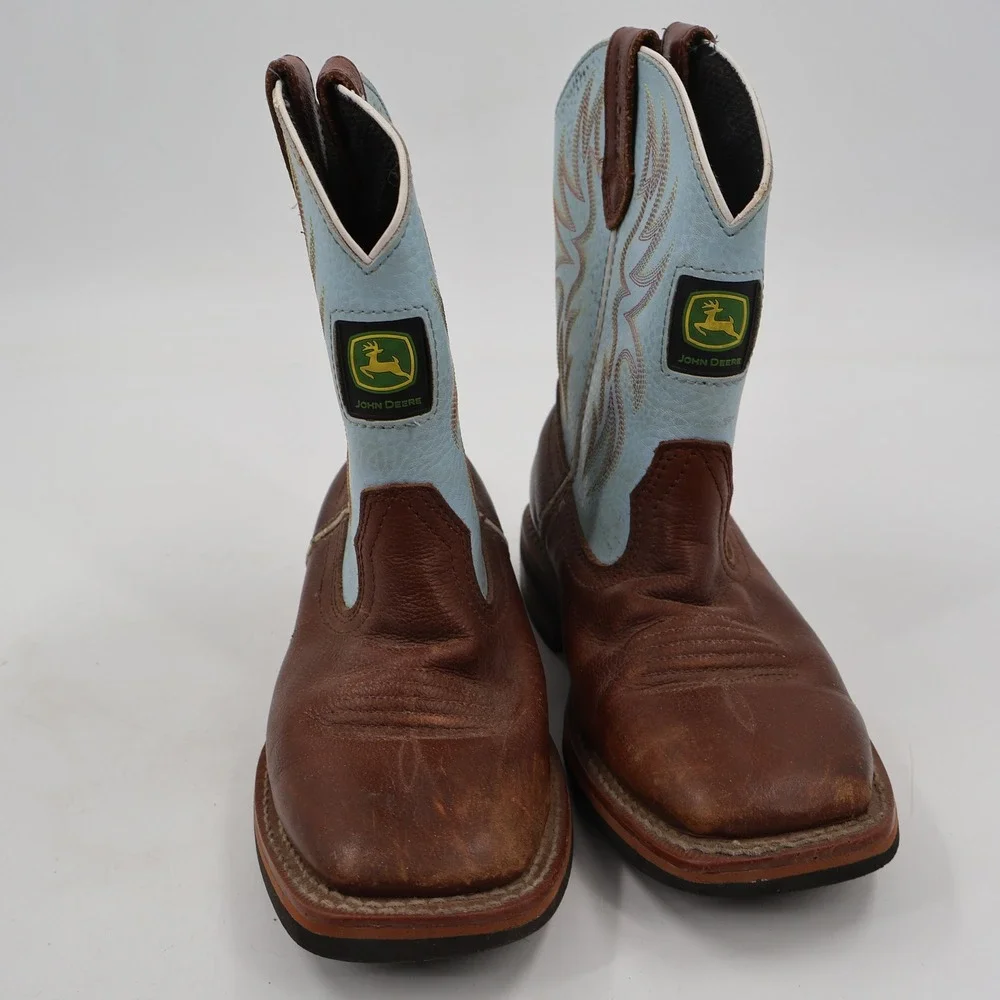 John Deere Western Cowboy Boots Boys Size 3M Brown Blue Leather JD2316